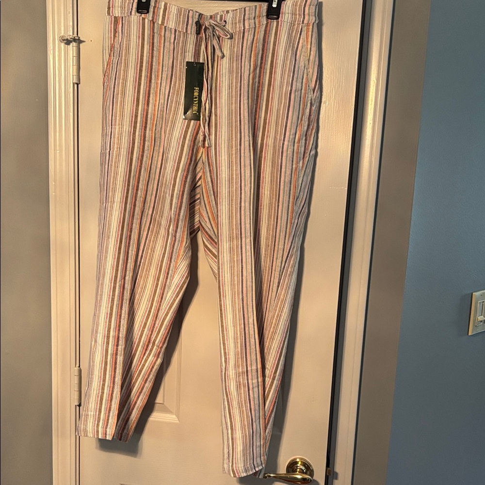 For Cynthia Multicolor Striped Linen Pants NWT